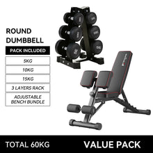 Load image into Gallery viewer, Preorder 5kg to 15kg (3 pairs - 60kg) round Dumbbell &amp; Storage Rack &amp; Adjustable Bench Bundle
