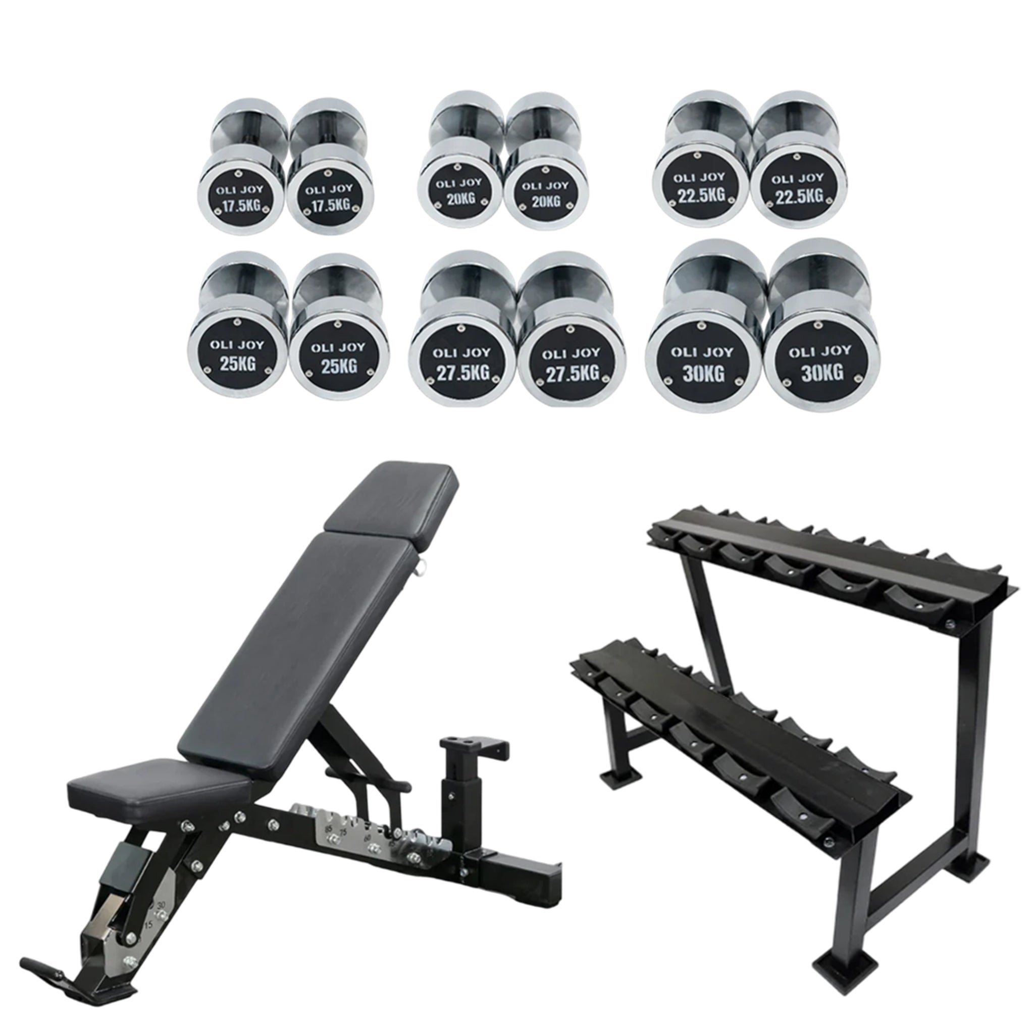 Chrome Round Dumbbell Set 17.5–30kg (Total 285kg) + Dumbbell Rack + Commercial 3-Point Adjustable Bench