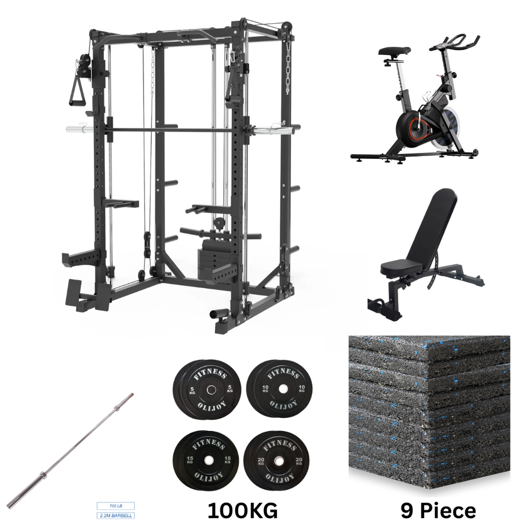 Oli Joy 5383 Commercial Smith Machine Bundle – Includes 100 kg Olympic Bumper Plates, Squat Rack, Cable Crossover, Cardio & Gym Mat