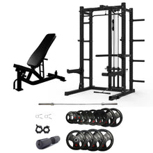 Load image into Gallery viewer, Multifunctional Squat Rack Bundle - 155kg Ruber Weight Plates, Barbell &amp; Workout Bench
