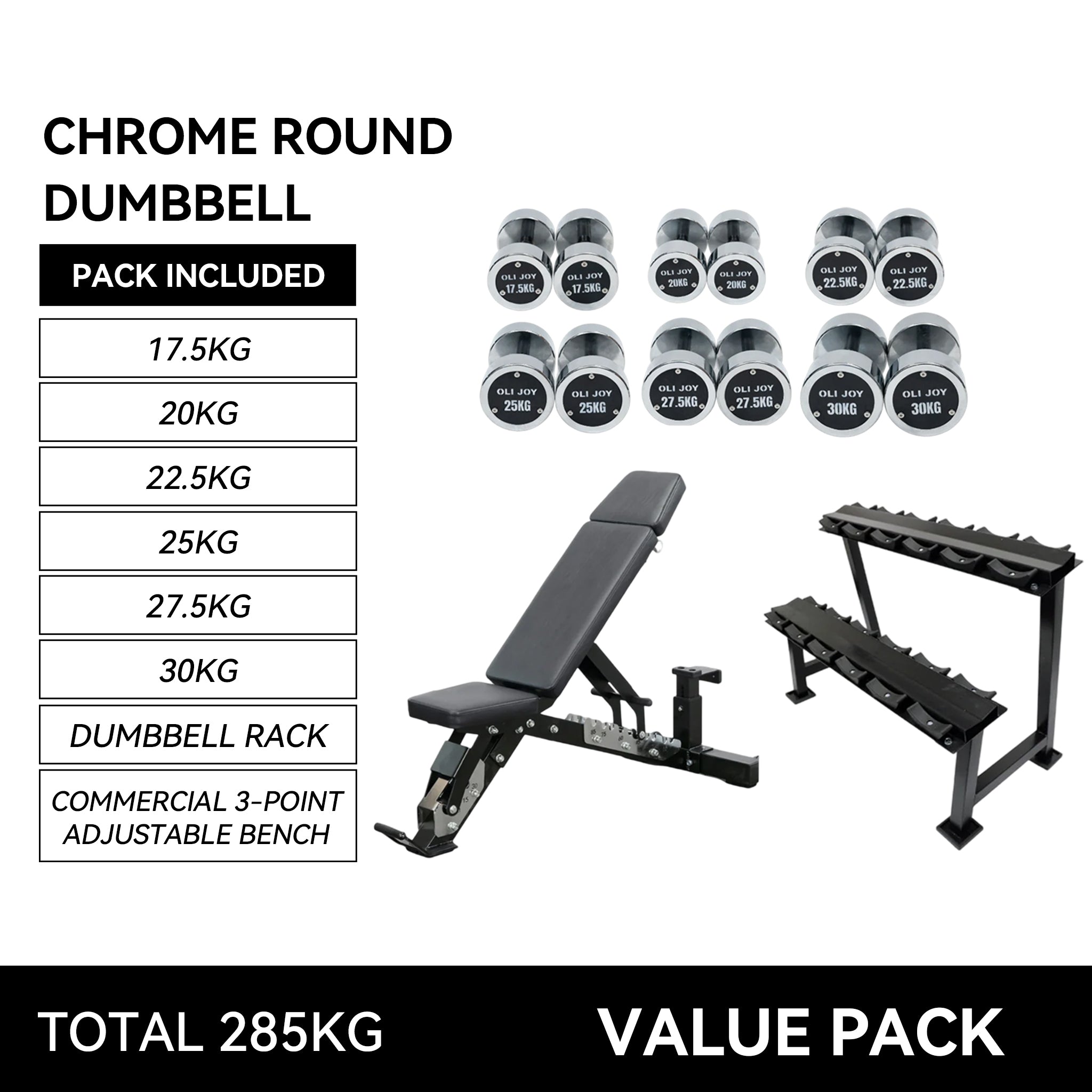 Chrome Round Dumbbell Set 17.5–30kg (Total 285kg) + Dumbbell Rack + Commercial 3-Point Adjustable Bench