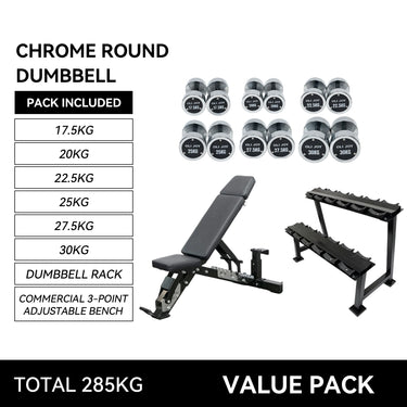 Chrome Round Dumbbell Set 17.5–30kg (Total 285kg) + Dumbbell Rack + Commercial 3-Point Adjustable Bench