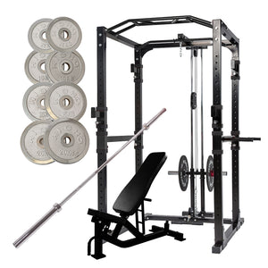 Home Gym Power Rack with Pull-Up Bar, Cable Pulldown, 105KG Silver Weight Plates &amp; Adjustable Bench