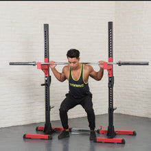 Load image into Gallery viewer, Squat Rack Bundle - 100kg Black Bumper Weight Plates &amp; Barbell &amp; Bench
