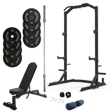 Load image into Gallery viewer, Half Squat Rack Bundle - 100kg Black Bumper Plates, Barbell &amp; Bench
