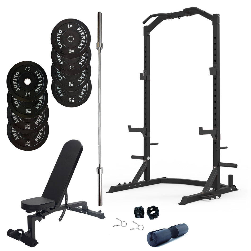 Half Squat Rack Bundle - 100kg Black Bumper Plates, Barbell & Bench