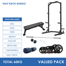 Load image into Gallery viewer, Half Squat Rack Bundle - 60kg Rubber Weight Plates, Barbell &amp; Flat Bench
