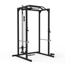 Load image into Gallery viewer, Squat Rack &amp; Lat Pull Down Cage Bundle - 100kg Black Bumper Weight Plates, Barbell &amp; Bench
