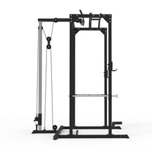 Load image into Gallery viewer, Pre Order Squat Rack &amp; Lat Pull Down Cage Bundle - 100kg Black Bumper Weight Plates, Barbell &amp; Bench
