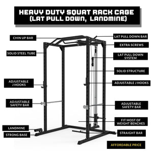 Pre Order Squat Rack & Lat Pull Down Cage Bundle - 100kg Black Bumper Weight Plates, Barbell & Bench