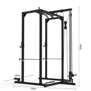 Pre Order Squat Rack & Lat Pull Down Cage Bundle - 100kg Colour Bumper Weight Plates, Barbell & Bench