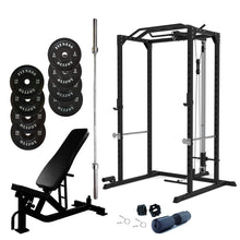 Load image into Gallery viewer, Pre Order Squat Rack &amp; Lat Pull Down Cage Bundle - 100kg Black Bumper Weight Plates, Barbell &amp; Bench
