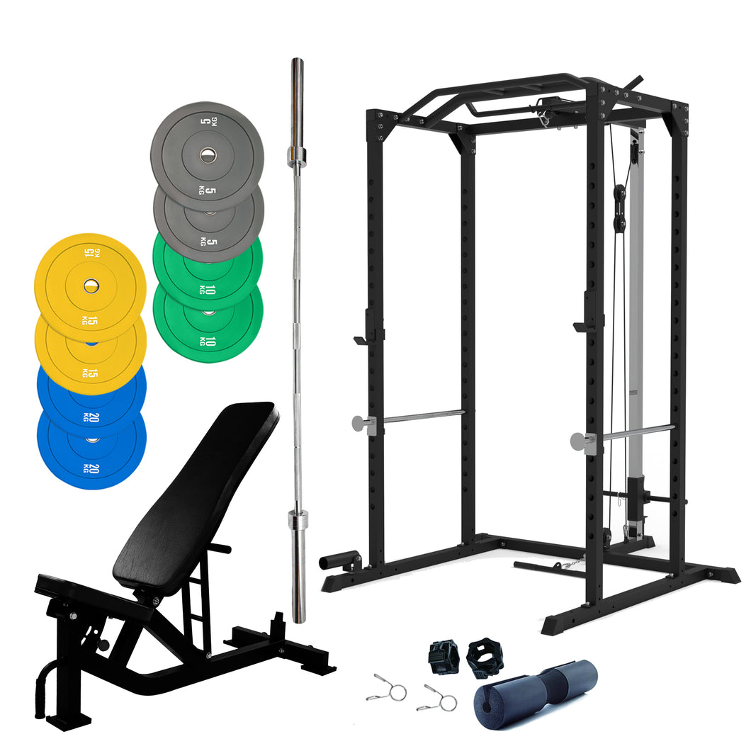 Squat Rack & Lat Pull Down Cage Bundle - 100kg Colour Bumper Weight Plates, Barbell & Bench