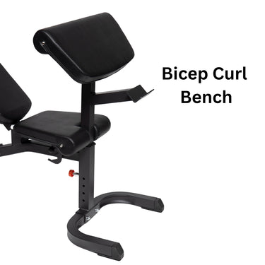Adjustable Heavy Duty Workout Bench Plus Bicep Curl Attachment & Leg Curl Attachment - Oli Joy Sports 