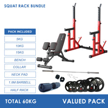 Load image into Gallery viewer, Adjustable Squat Rack Barbell Rack Bundle - 60kg Rubber Weight Plates &amp; Barbell &amp; Bench
