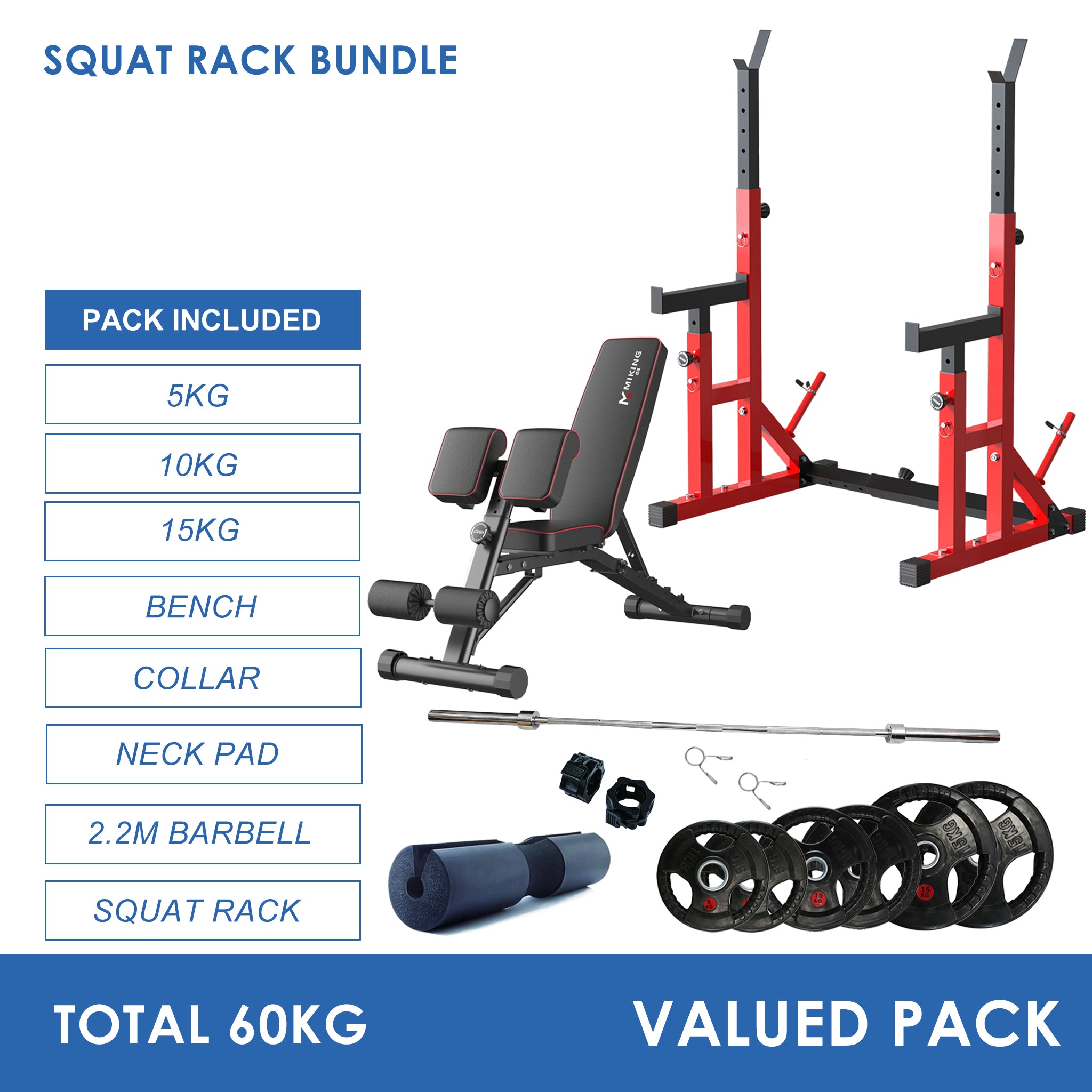 Pre Order Adjustable Squat Rack Barbell Rack Bundle - 60kg Rubber Weight Plates & Barbell & Bench - Oli Joy Sports 