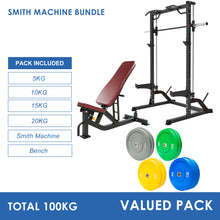 Load image into Gallery viewer, Half Rack Smith Machine Bundle - 100kg Colour Bumper Plates &amp; Adjustable Bench
