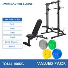 Load image into Gallery viewer, Pre Order Half Rack Smith Machine Bundle - 100kg Colour Bumper Plates &amp; Adjustable Bench
