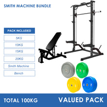 Load image into Gallery viewer, Pre Order Half Rack Smith Machine Bundle - 100kg Colour Bumper Plates &amp; Adjustable Bench
