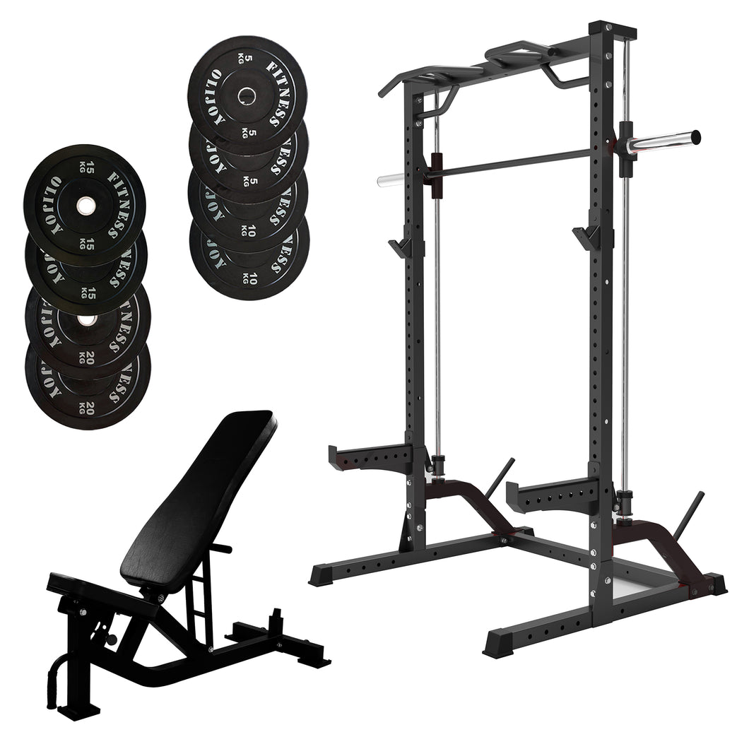 Half Rack Smith Machine Bundle - 100kg Black Bumper Plates & Adjustable Bench