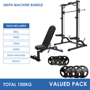Pre Order Half Rack Smith Machine Bundle - 100kg Rubber Weight Plates & Adjustable Bench