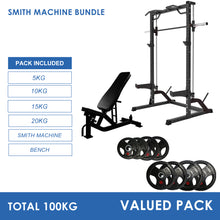 Load image into Gallery viewer, Pre Order Half Rack Smith Machine Bundle - 100kg Rubber Weight Plates &amp; Adjustable Bench
