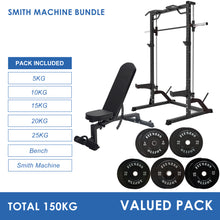 Load image into Gallery viewer, Half Rack Smith Machine Bundle - 150kg Black Bumper Plates &amp; Adjustable Bench
