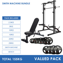 Load image into Gallery viewer, Half Rack Smith Machine Bundle - 155kg Rubber Weight Plates &amp; Adjustable Bench
