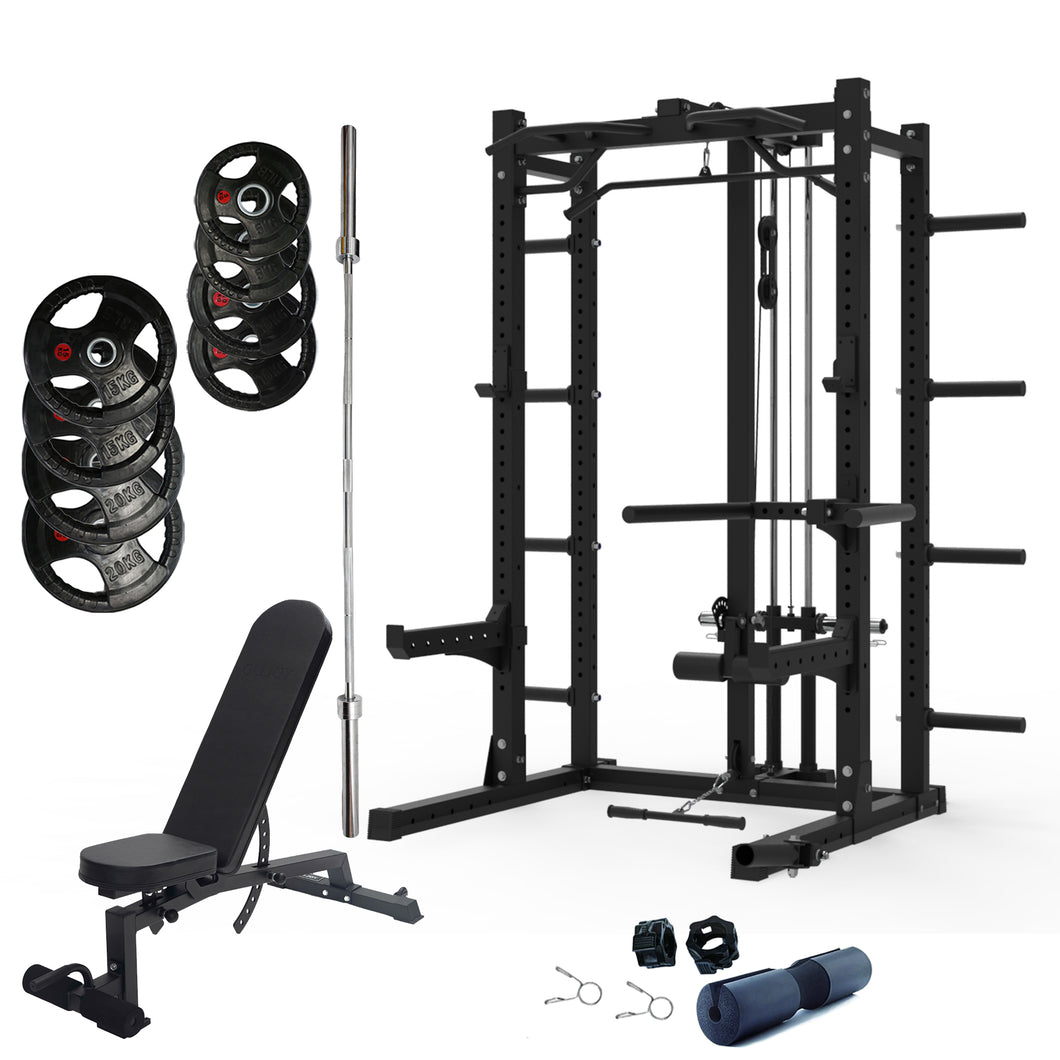 Pre Order Multifunctional Squat Rack Bundle - 100kg Rubber Weight Plates, Barbell & Workout Bench