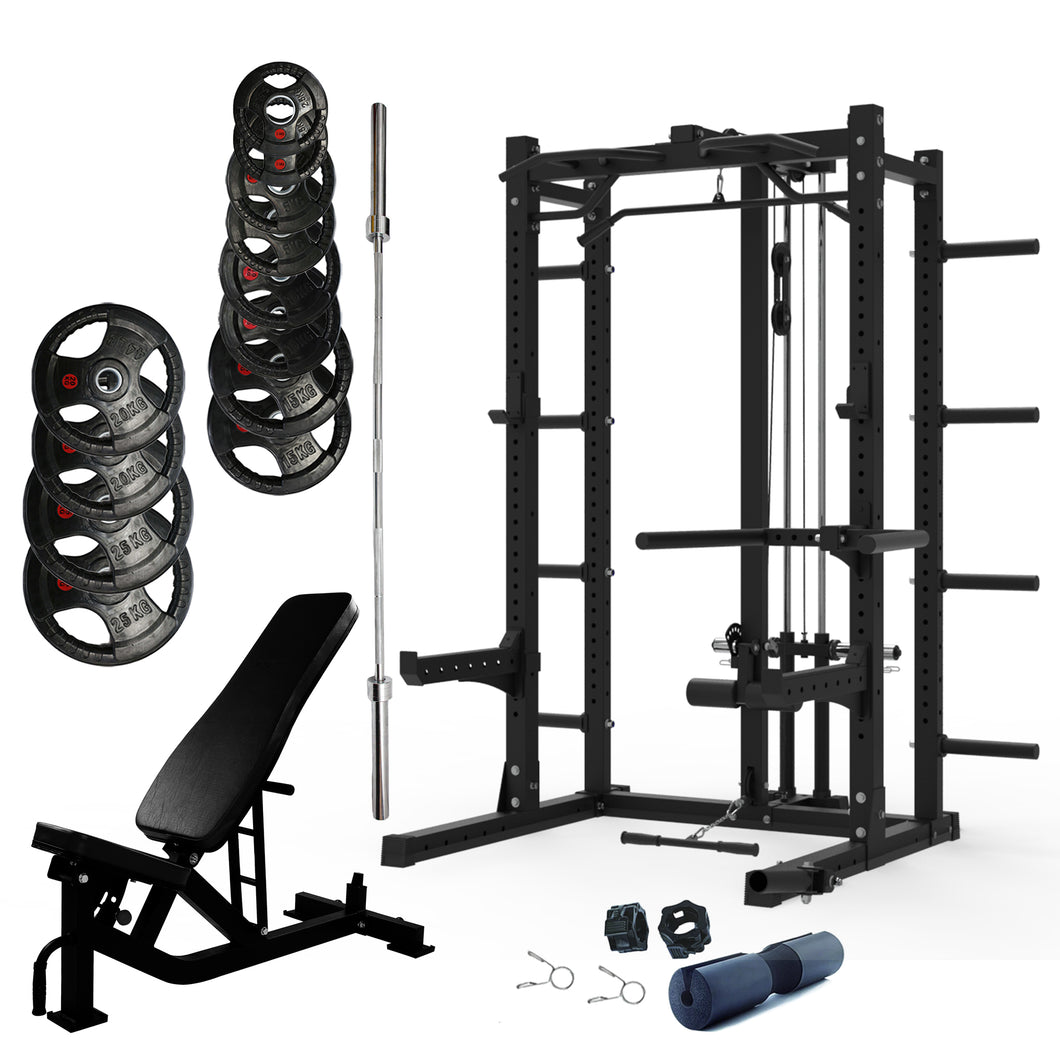 Multifunctional Squat Rack Bundle - 155kg Ruber Weight Plates, Barbell & Workout Bench