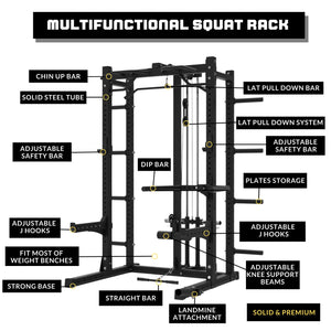 Multifunctional Squat Rack Bundle - 155kg Ruber Weight Plates, Barbell & Workout Bench