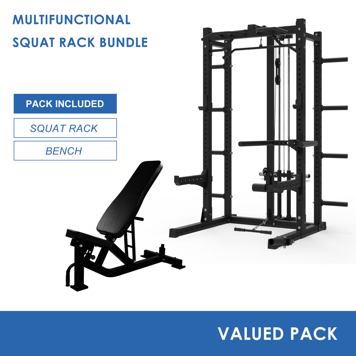 Multifunctional Squat Rack Bundle - Multifunctional Squat Rack & Commercial Grade Bench & 2.2m Barbell