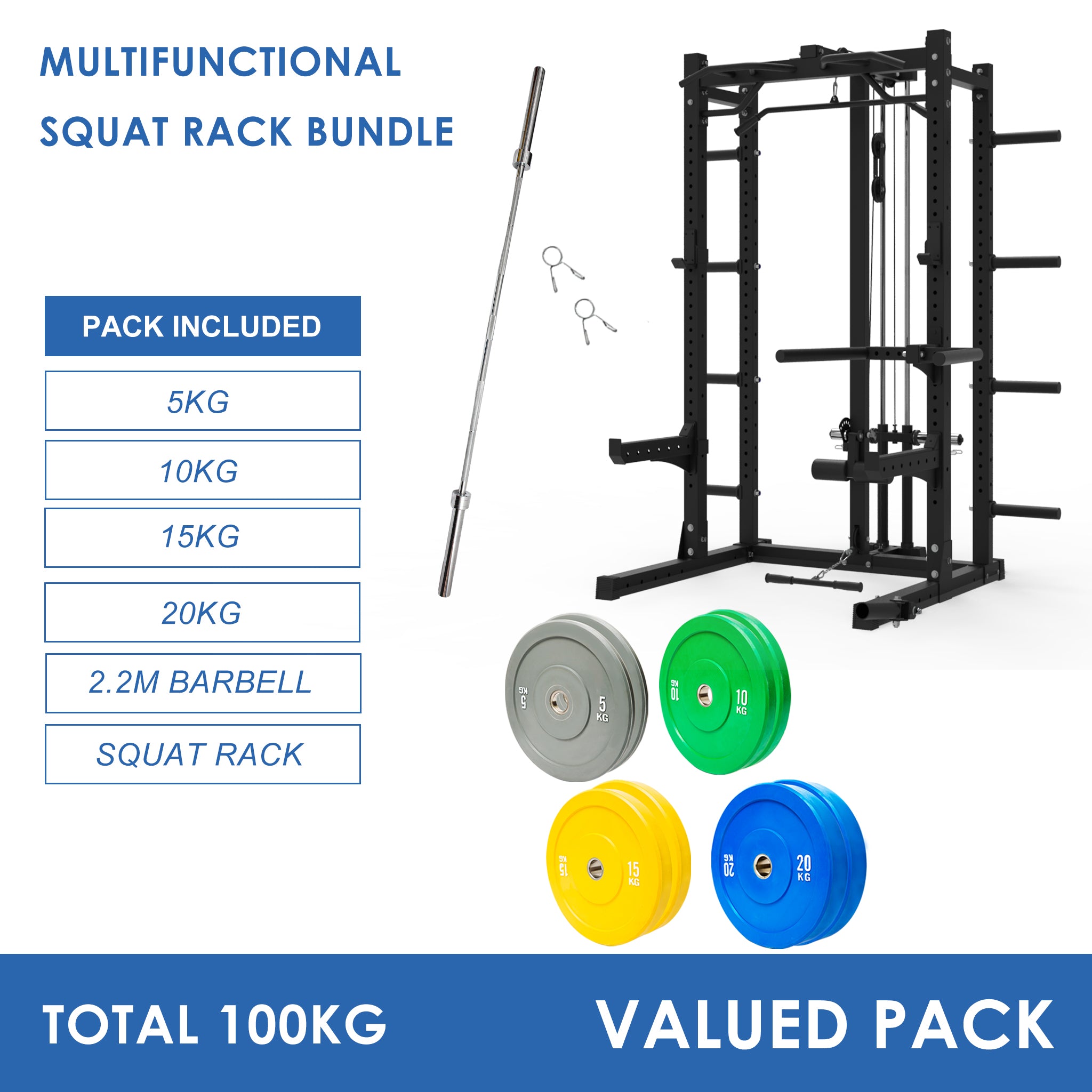 Multifunctional Squat Rack Bundle - 100kg Colour Weight Plates & Barbell - Oli Joy Sports 