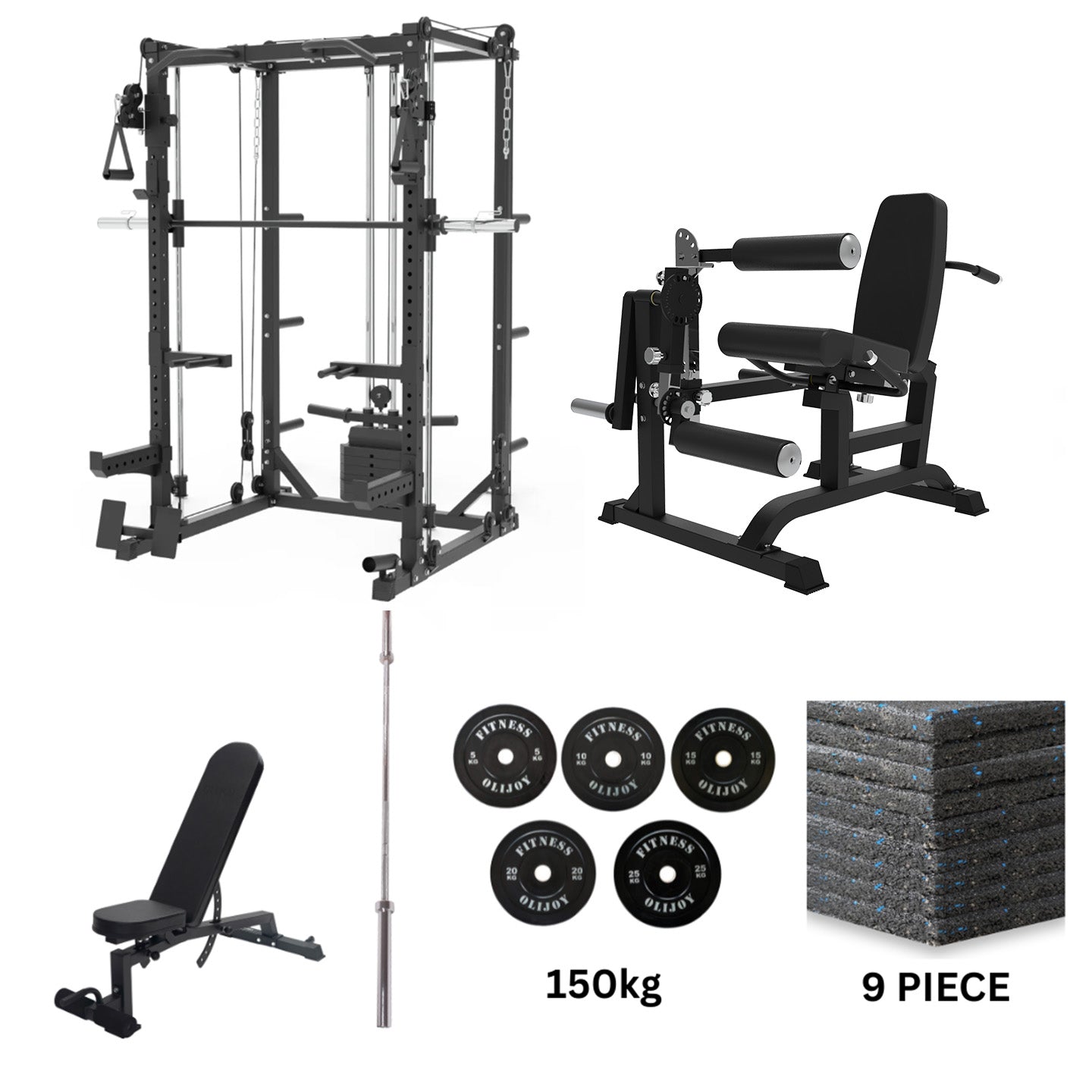 Oli Joy 5383 Power Plus Bundle – Smith Machine with 150 kg Plates, Leg Machine & Gym Mat