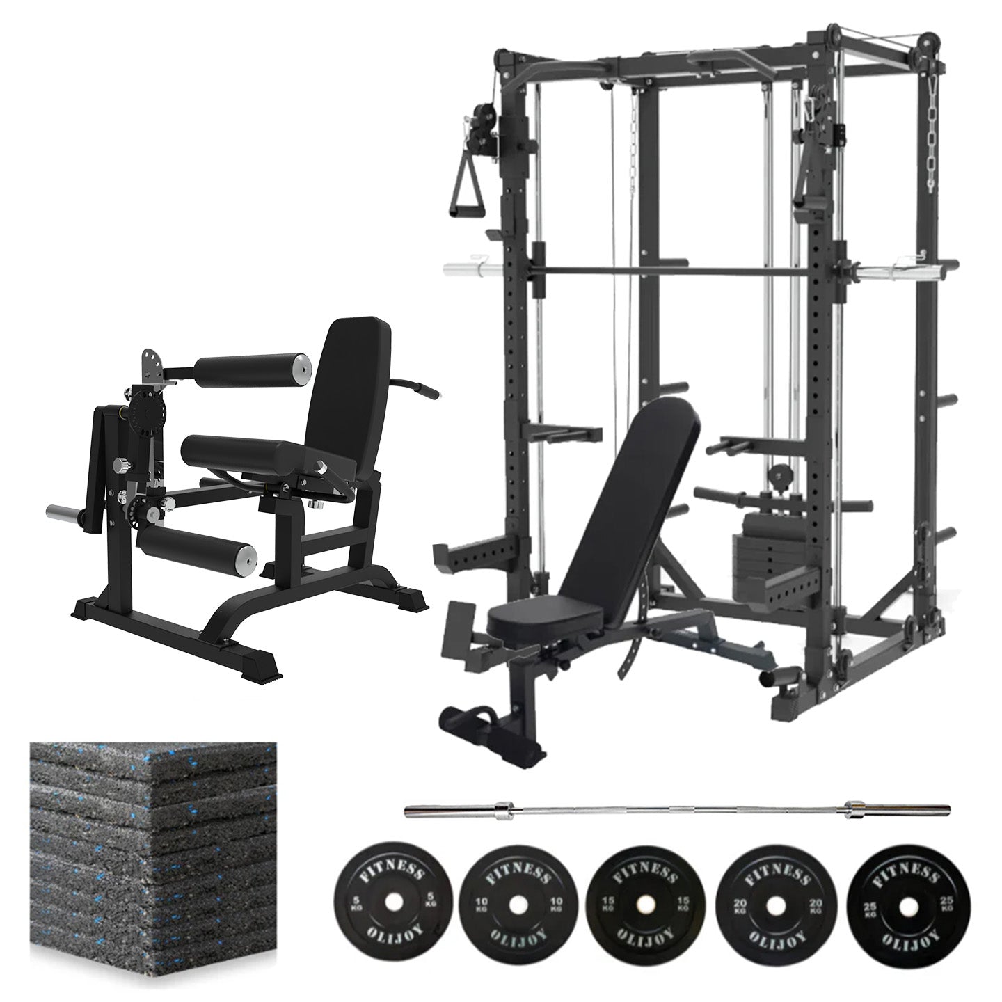 Oli Joy 5383 Power Plus Bundle – Smith Machine with 150 kg Plates, Leg Machine & Gym Mat