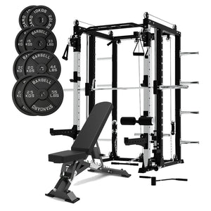 Premium Smith Machine Squat Rack with Lat Pulldown & Crossover with 140KG Weight Plates & Bench