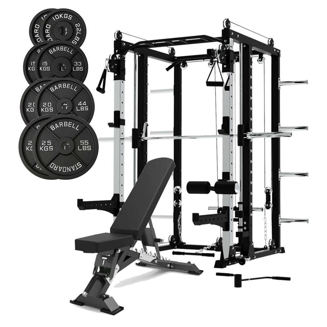 Premium Smith Machine Squat Rack with Lat Pulldown & Crossover with 140KG Weight Plates & Bench