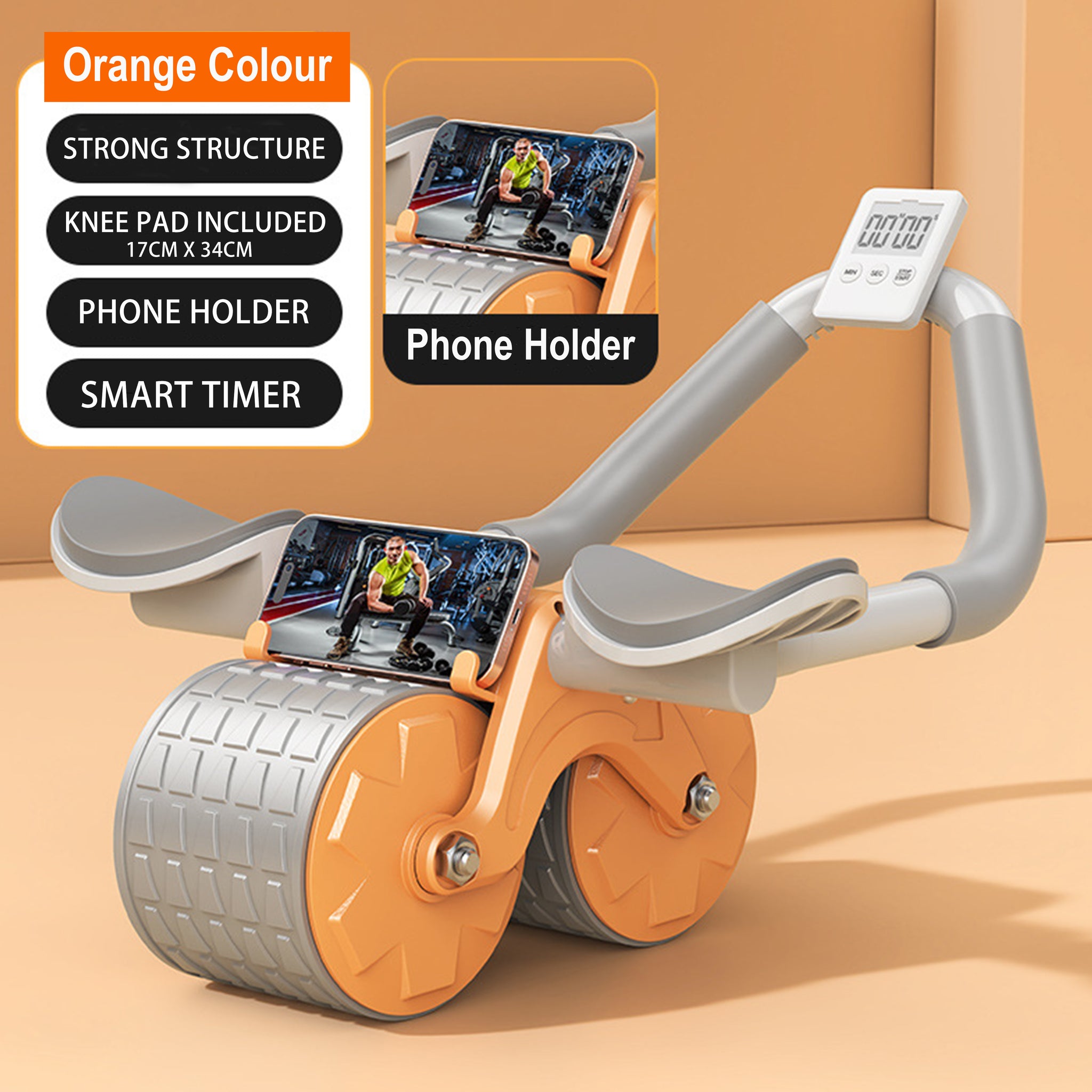 Double Wheel Abdominal Roller With Free Knee Pad Mat Black Colour - Oli Joy Sports 