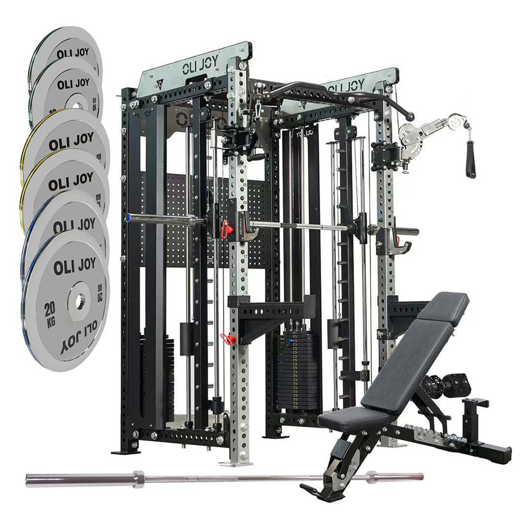 All-in-One Smith Machine with Cable Crossover – Pin-Loaded Strength Trainer, 90KG Chrome Olympic Plates, Barbell & Adjustable Bench for Home & Commercial Gyms
