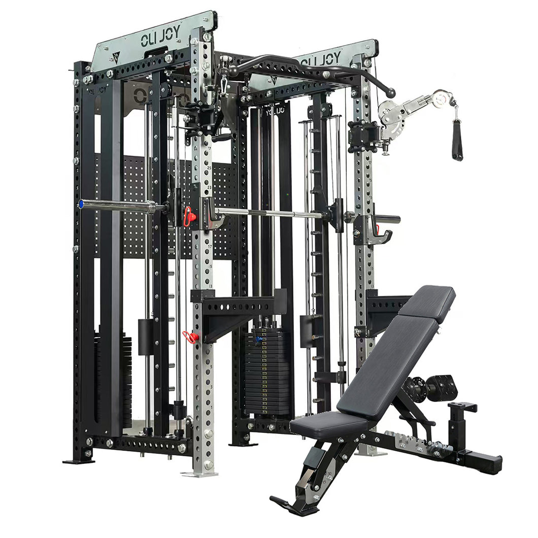 All-in-One Smith Machine Cable Crossover Machine Pin Load +3 Point Adjustable Bench
