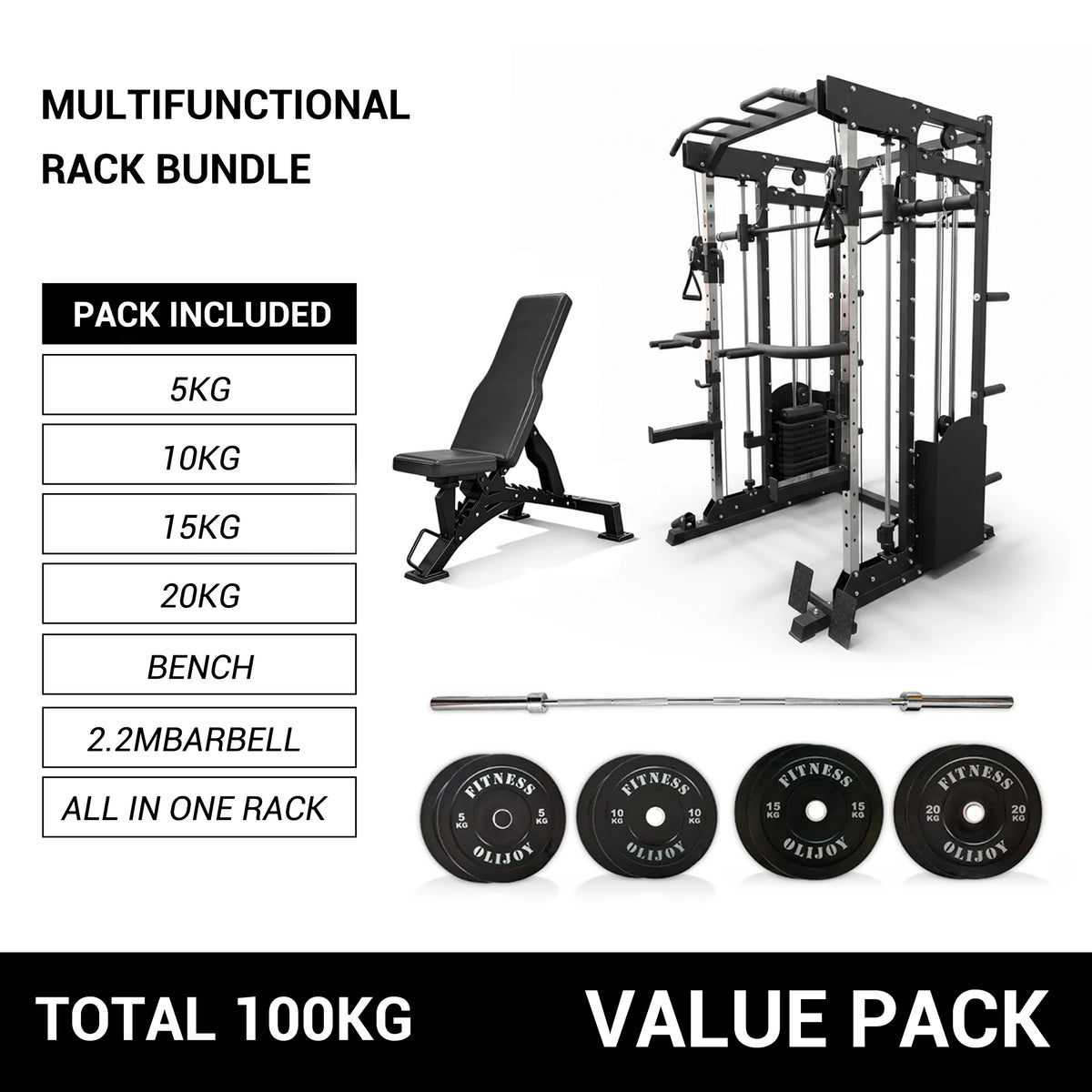 Oli Joy 10-in-1 Smith Machine Power Rack with Smith Machine,300LB Stack, 100KG Bumper Plates & Bench Bundle