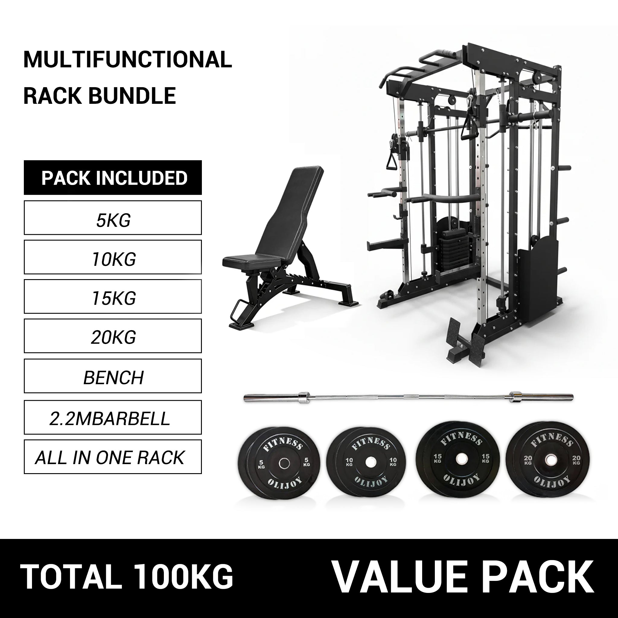Oli Joy 10-in-1 Smith Machine Power Rack with Smith Machine,300LB Stack, 100KG Bumper Plates & Bench Bundle