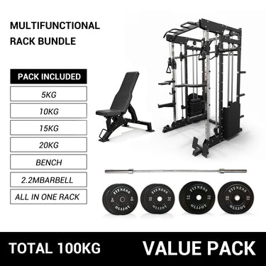Oli Joy 10-in-1 Smith Machine Power Rack with Smith Machine,300LB Stack, 100KG Bumper Plates & Bench Bundle
