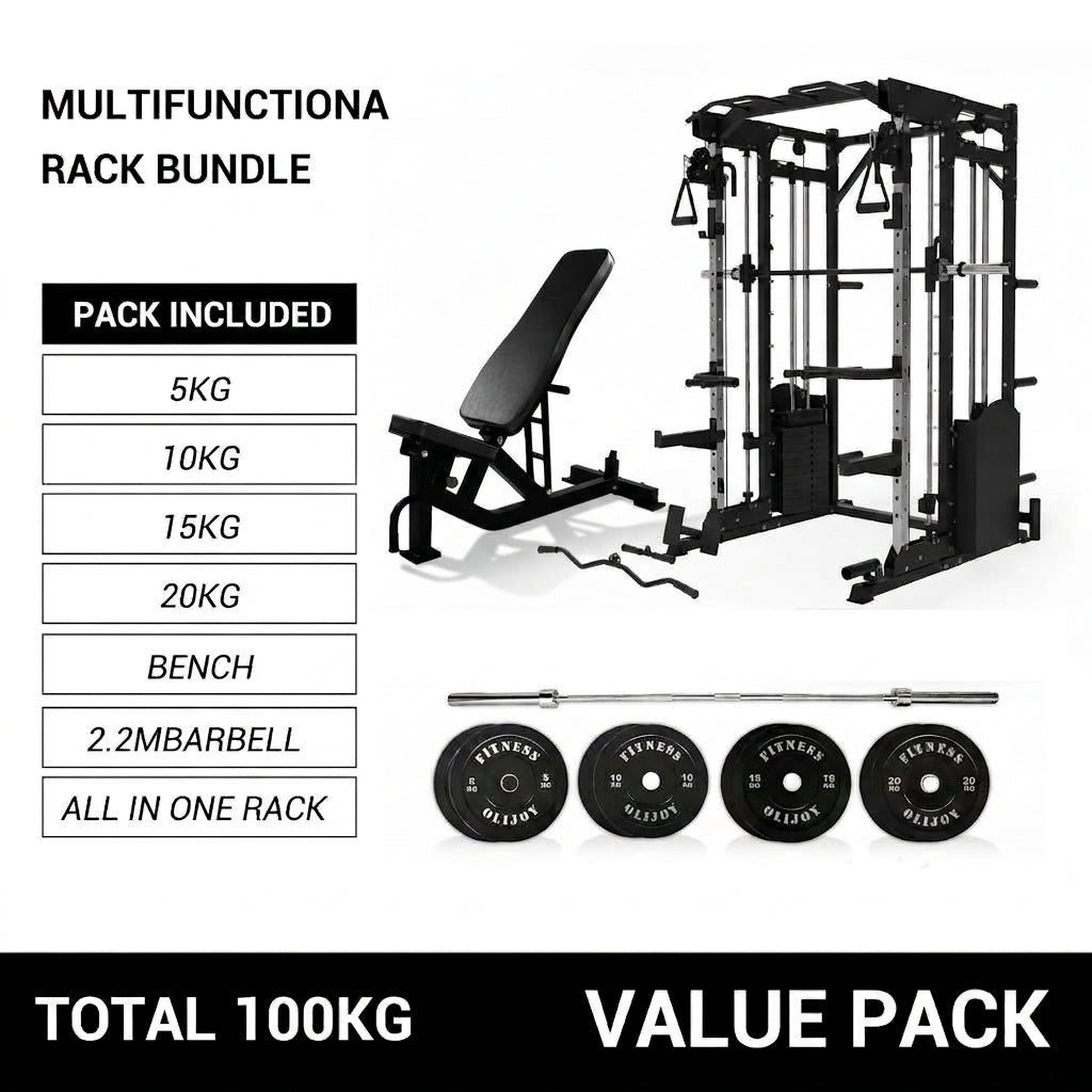 Oli Joy 10-in-1 Smith Machine Power Rack with Smith Machine,300LB Stack, 100KG Bumper Plates & Bench Bundle