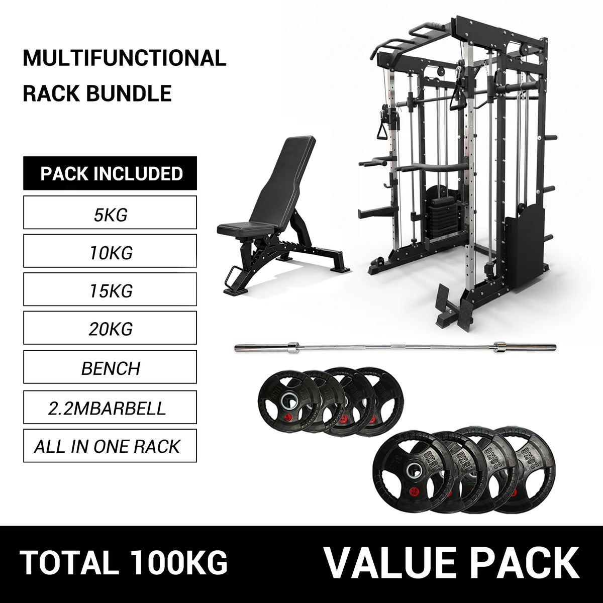 Oli Joy 10-in-1 Smith Machine Power Rack with 300LB Stack, 100KG Rubber Plates,Barbell & Bench Bundle
