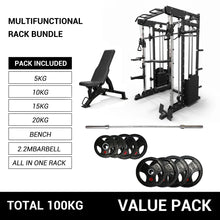 Load image into Gallery viewer, Oli Joy 10-in-1 Smith Machine Power Rack with 300LB Stack, 100KG Rupper Plates,Barbell &amp; Bench Bundle
