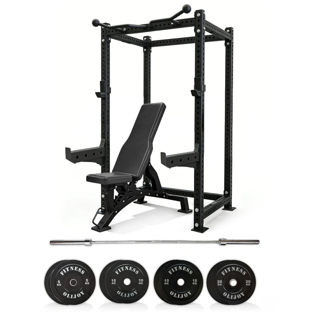 Oli Joy Full Cage Power Rack with Safety Arms, 100kg Plates & Bench Bundle