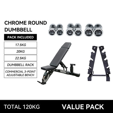 Chrome Round Dumbbell Set (17.5kg / 20kg / 22.5kg)& Dumbbell Rack + Commercial 3-Point Adjustable Bench