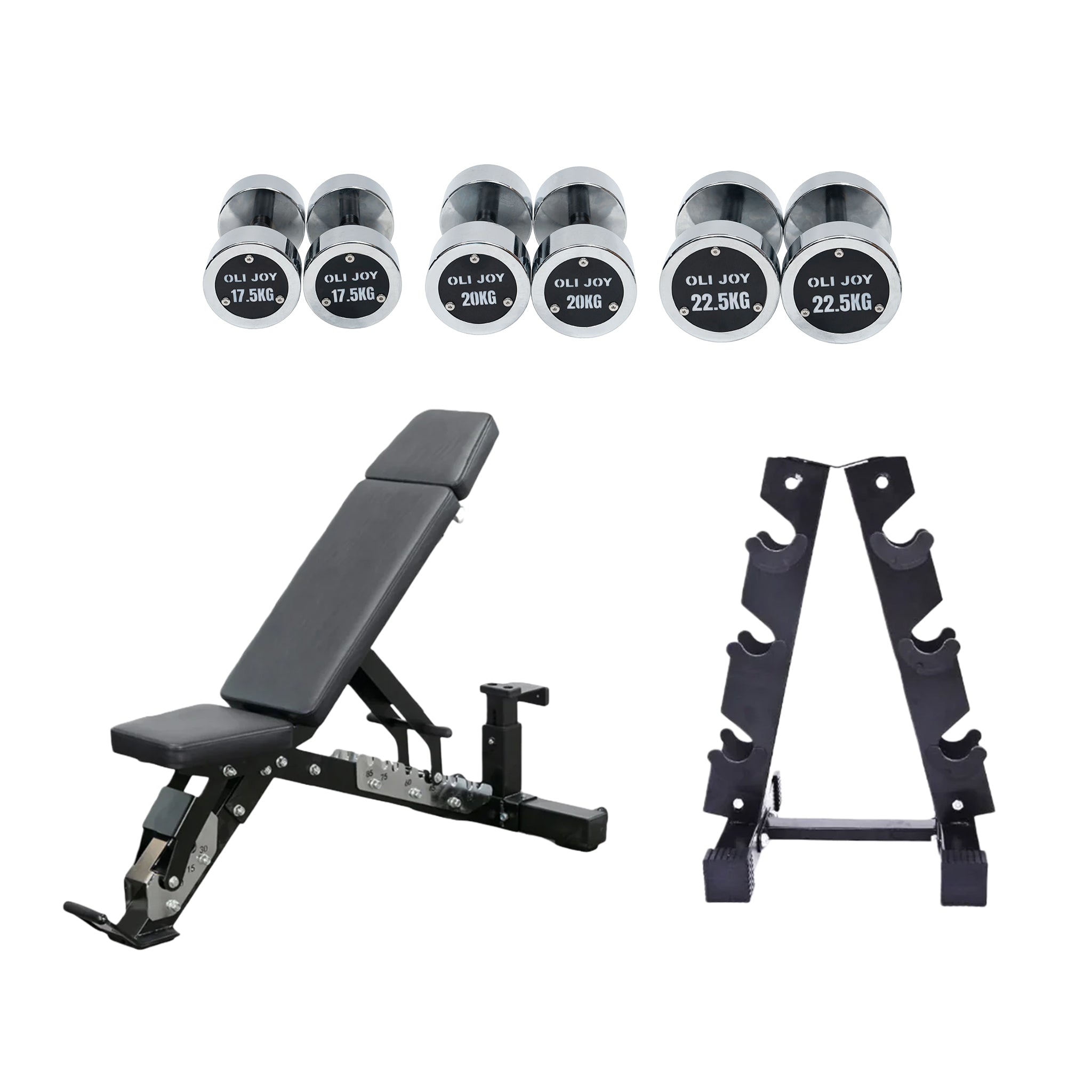 Chrome Round Dumbbell Set (17.5kg / 20kg / 22.5kg)& Dumbbell Rack + Commercial 3-Point Adjustable Bench