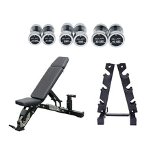Load image into Gallery viewer, Chrome Round Dumbbell Set (17.5kg / 20kg / 22.5kg)&amp; Dumbbell Rack + Commercial 3-Point Adjustable Bench
